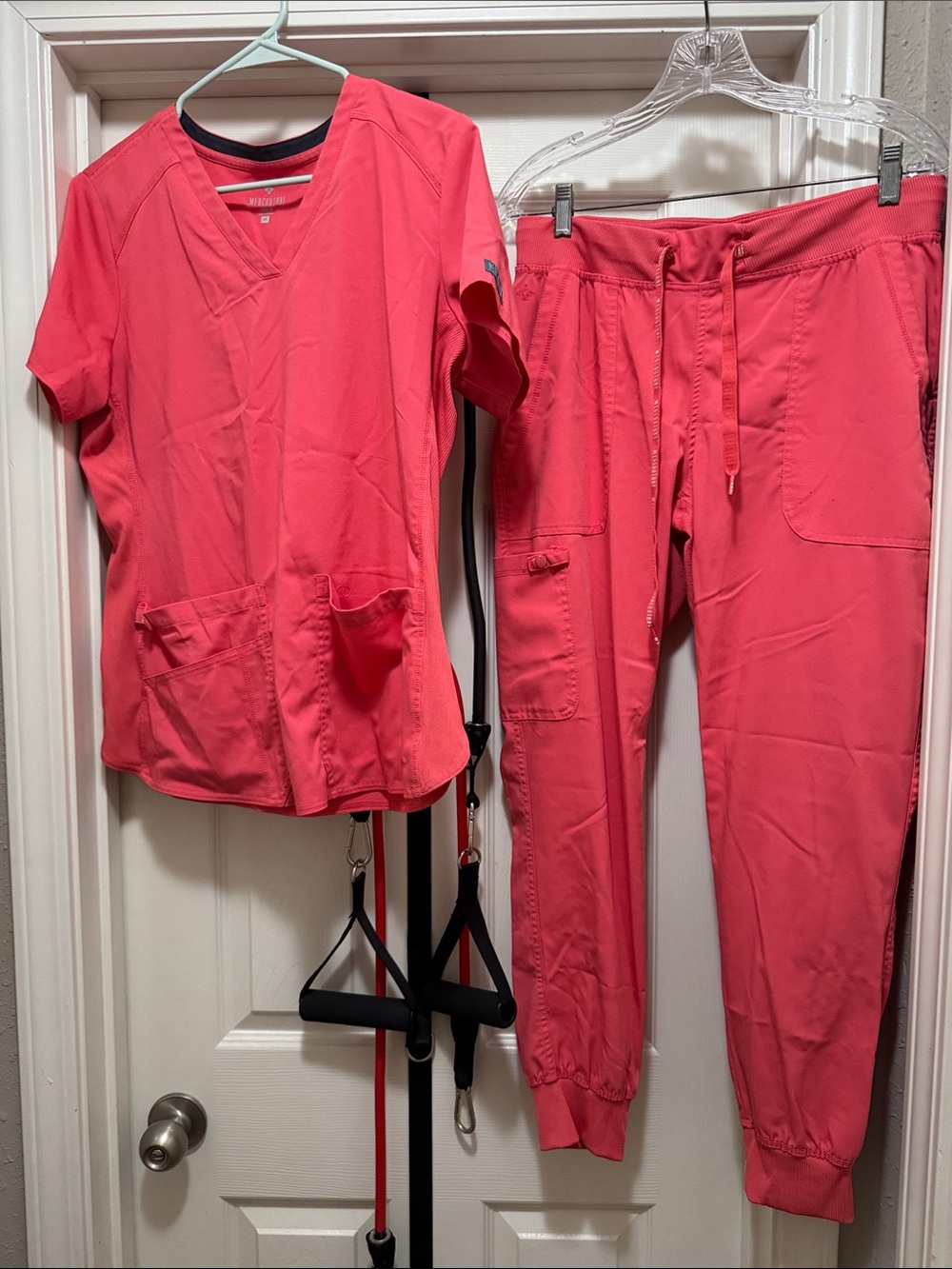 Med Couture Coral Pink Scrub Top and Jogger Pants Set